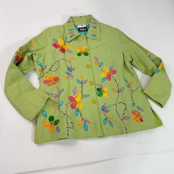 Yak Magic Jacket Womens Large Green Floral Art to Wear Beads Embroidered Buttons - Picture 1 of 11